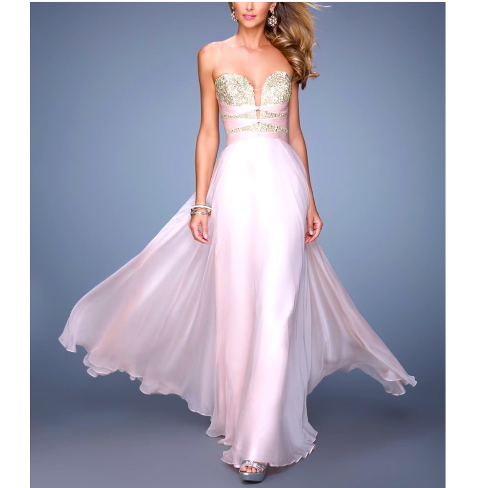 Le Femme Blush & Gold Embroidered Lace Gown, Size 00
